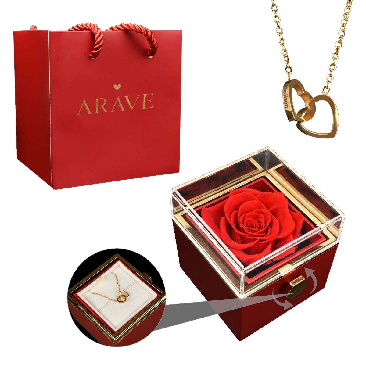 Rosenbox mit gravierter Halskette